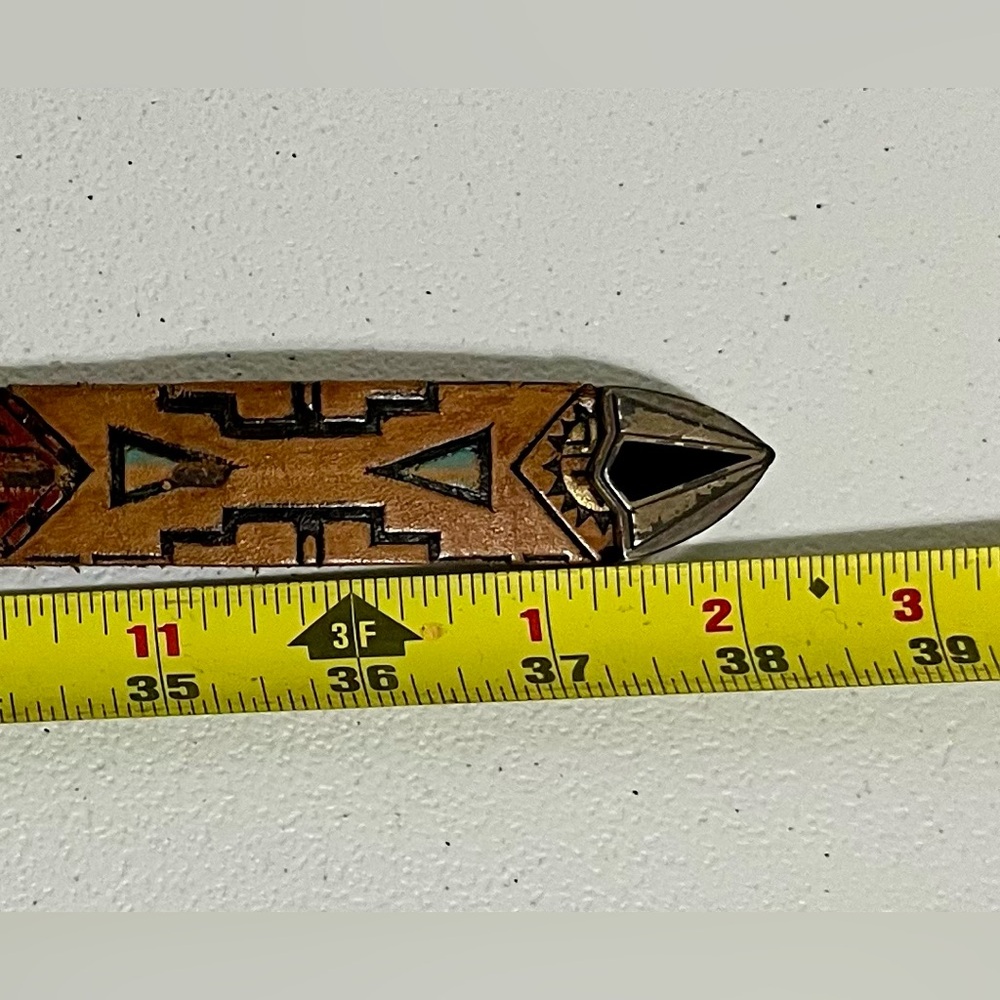 Native American Southwestern Style Tan Leather Belt with Silver Buckle - Picture 6 of 15
